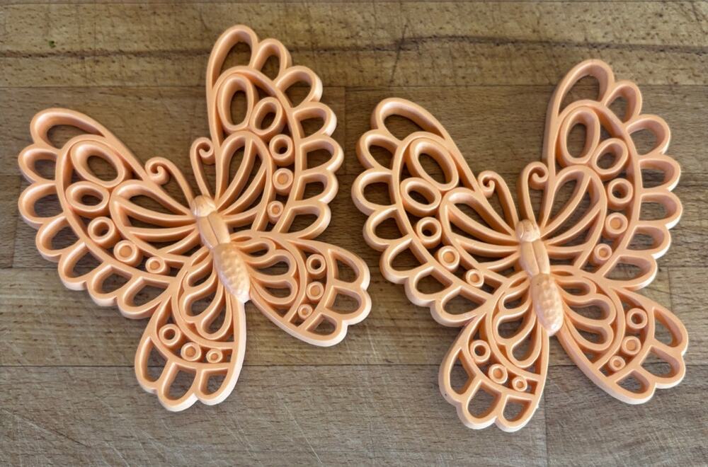 Vintage Peach Butterfly Wall Decor Pair Coral 1970s USA MCM Kitsch 2299
